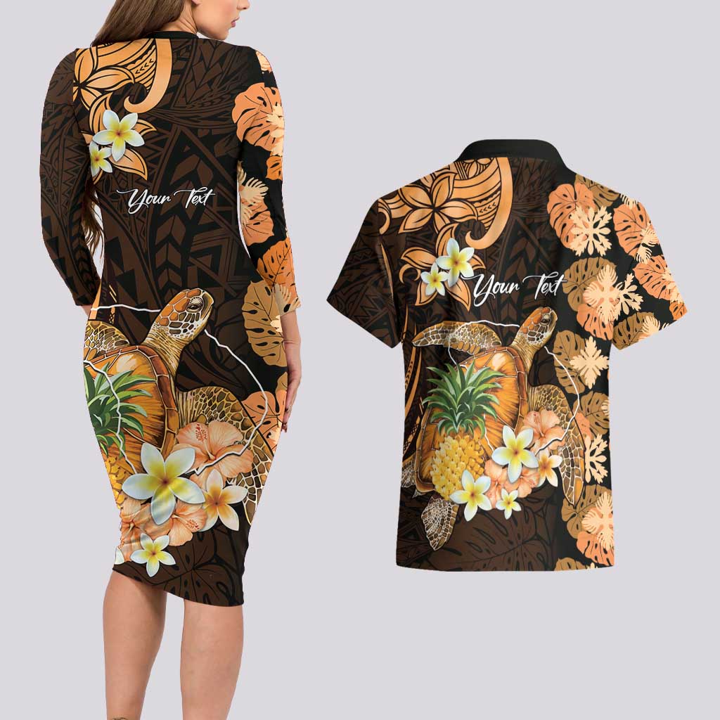 Personalised Aloha Hawaii Lanai Island Couples Matching Long Sleeve Bodycon Dress and Hawaiian Shirt Pineapple Isle Map Sea Turtle Plumeria