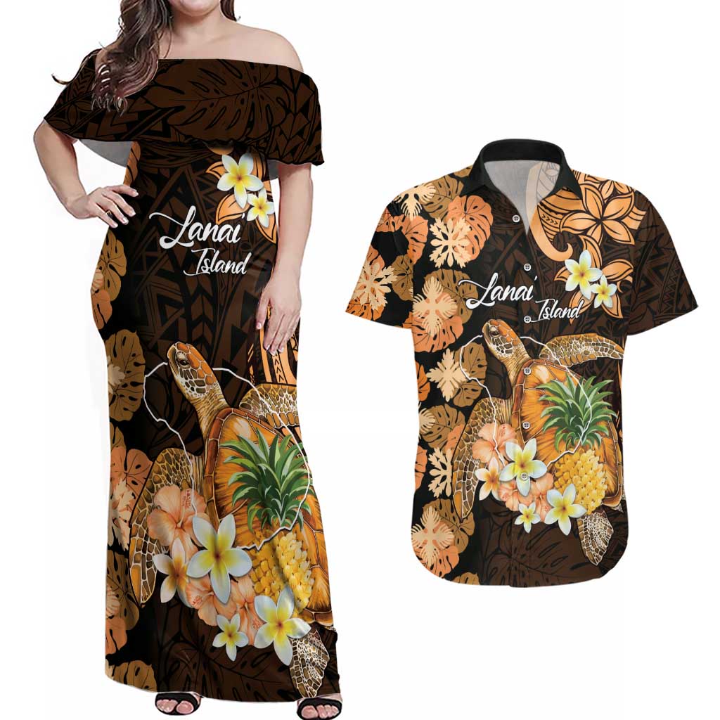 Personalised Aloha Hawaii Lanai Island Couples Matching Off Shoulder Maxi Dress and Hawaiian Shirt Pineapple Isle Map Sea Turtle Plumeria