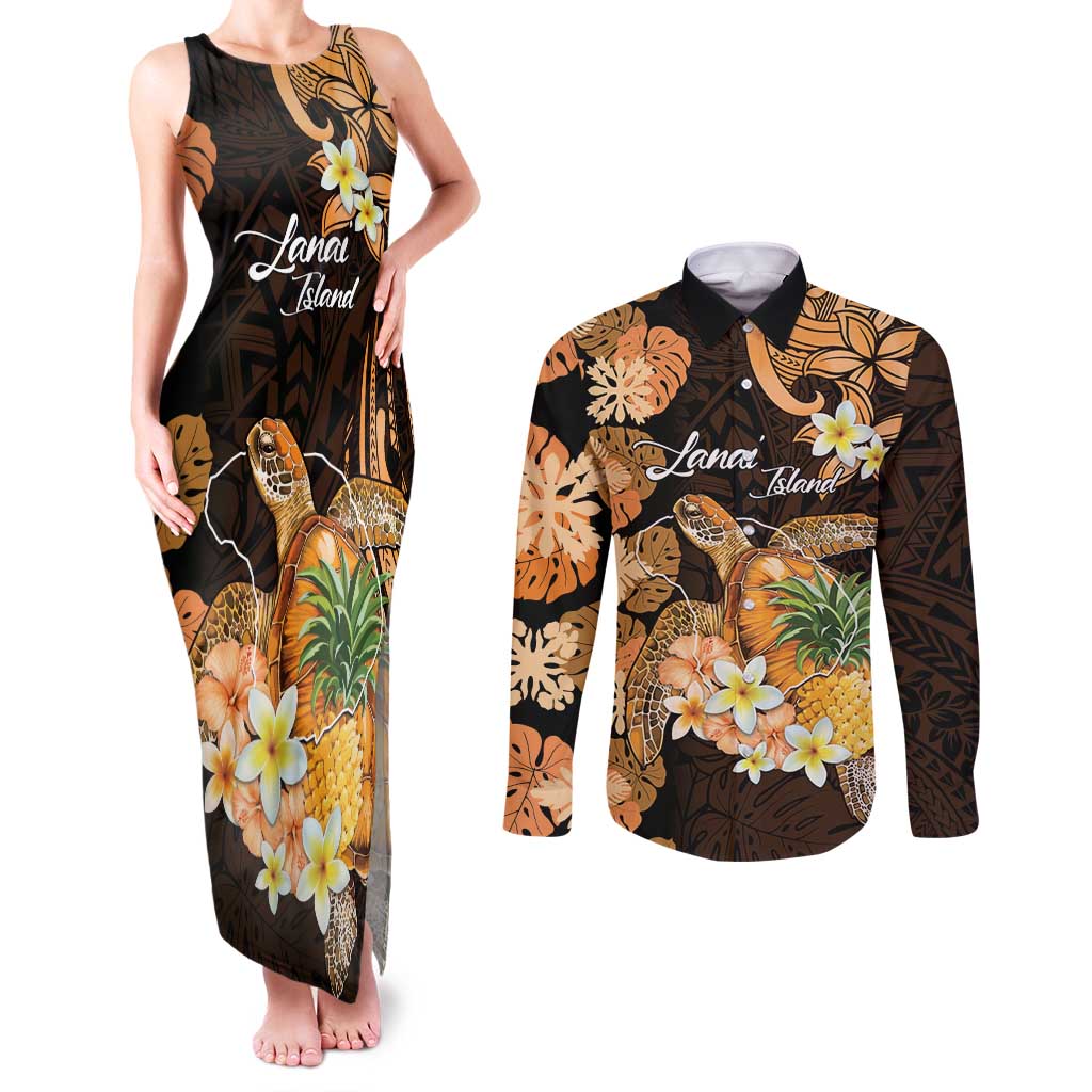 Personalised Aloha Hawaii Lanai Island Couples Matching Tank Maxi Dress and Long Sleeve Button Shirt Pineapple Isle Map Sea Turtle Plumeria