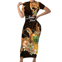 Personalised Aloha Hawaii Lanai Island Family Matching Short Sleeve Bodycon Dress and Hawaiian Shirt Pineapple Isle Map Sea Turtle Plumeria