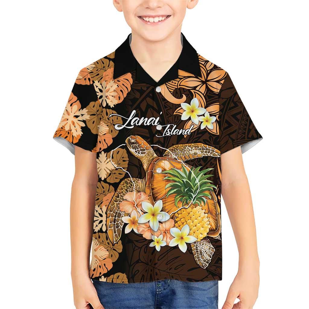 Personalised Aloha Hawaii Lanai Island Kid Hawaiian Shirt Pineapple Isle Map Sea Turtle Plumeria