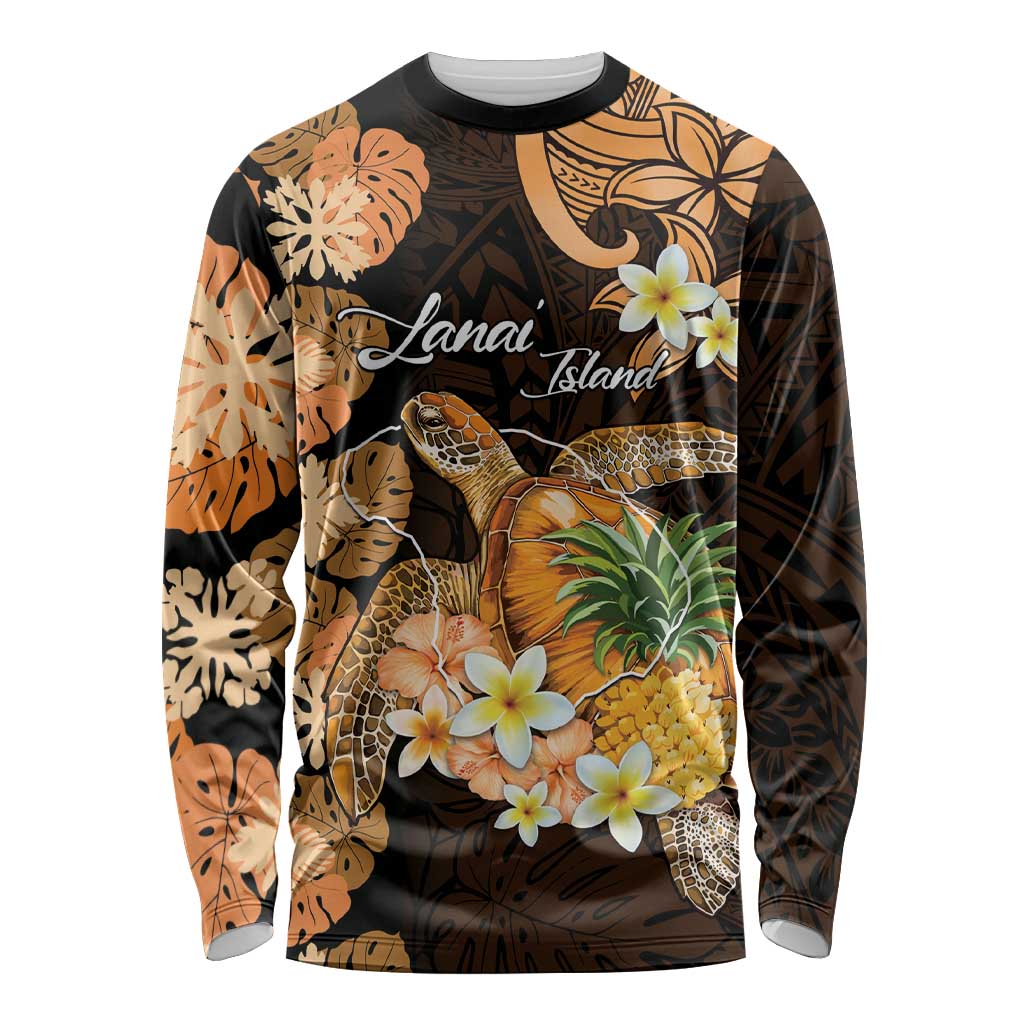 Personalised Aloha Hawaii Lanai Island Long Sleeve Shirt Pineapple Isle Map Sea Turtle Plumeria
