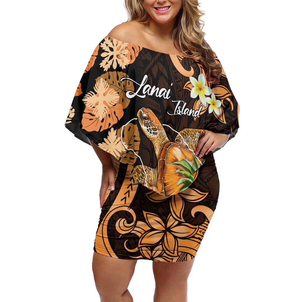 Personalised Aloha Hawaii Lanai Island Off Shoulder Short Dress Pineapple Isle Map Sea Turtle Plumeria