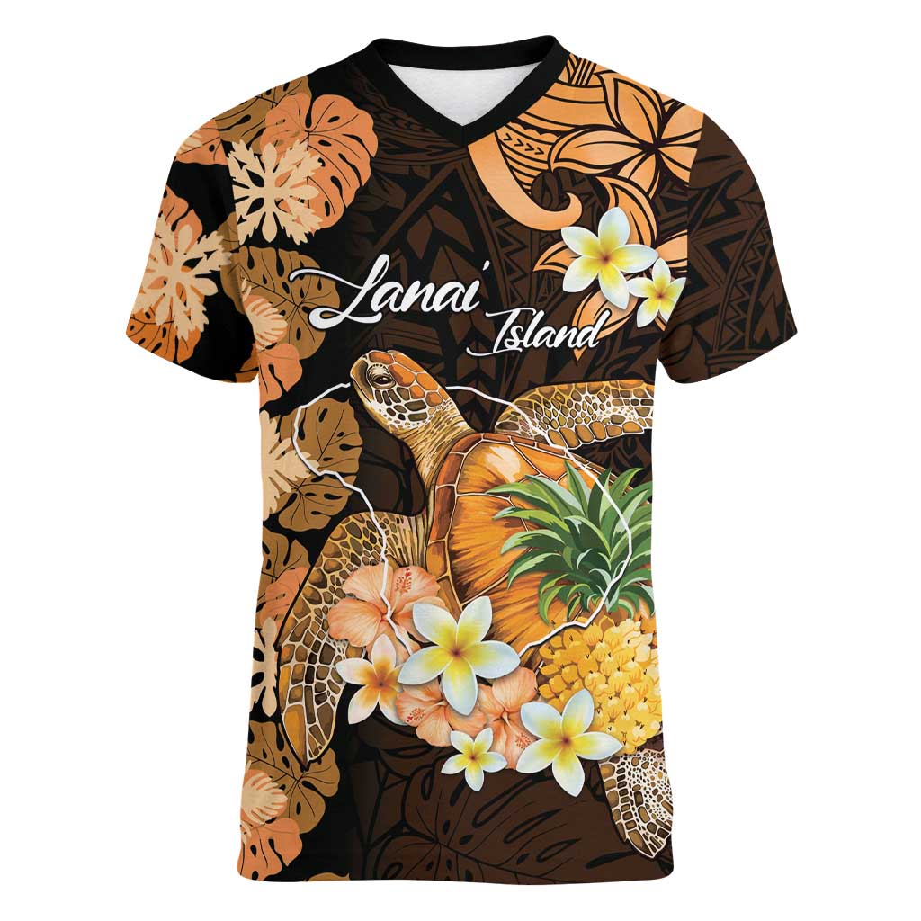 Personalised Aloha Hawaii Lanai Island Women V-Neck T-Shirt Pineapple Isle Map Sea Turtle Plumeria