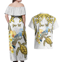 Personalised Aloha Hawaii Niihau Island Couples Matching Off Shoulder Maxi Dress and Hawaiian Shirt Forbidden Isle Map Shell Lei