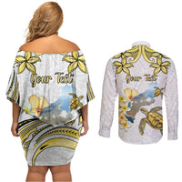 Personalised Aloha Hawaii Niihau Island Couples Matching Off Shoulder Short Dress and Long Sleeve Button Shirt Forbidden Isle Map Shell Lei