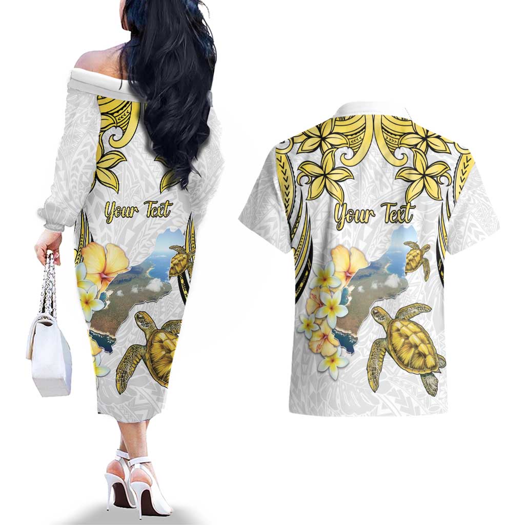 Personalised Aloha Hawaii Niihau Island Couples Matching Off The Shoulder Long Sleeve Dress and Hawaiian Shirt Forbidden Isle Map Shell Lei