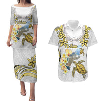 Personalised Aloha Hawaii Niihau Island Couples Matching Puletasi and Hawaiian Shirt Forbidden Isle Map Shell Lei