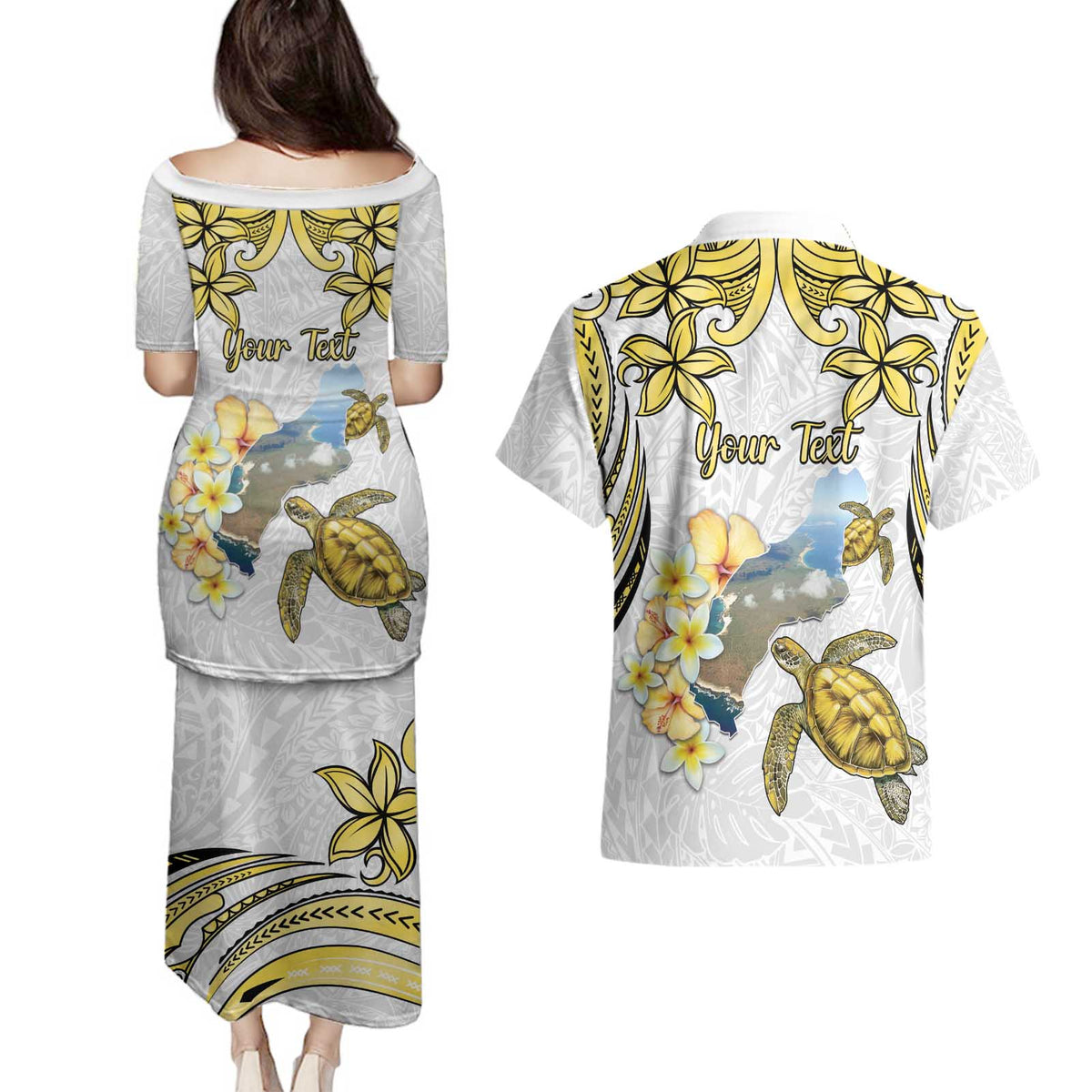 Personalised Aloha Hawaii Niihau Island Couples Matching Puletasi and Hawaiian Shirt Forbidden Isle Map Shell Lei