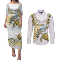 Personalised Aloha Hawaii Niihau Island Couples Matching Puletasi and Long Sleeve Button Shirt Forbidden Isle Map Shell Lei