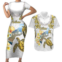 Personalised Aloha Hawaii Niihau Island Couples Matching Short Sleeve Bodycon Dress and Hawaiian Shirt Forbidden Isle Map Shell Lei