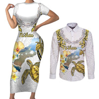 Personalised Aloha Hawaii Niihau Island Couples Matching Short Sleeve Bodycon Dress and Long Sleeve Button Shirt Forbidden Isle Map Shell Lei