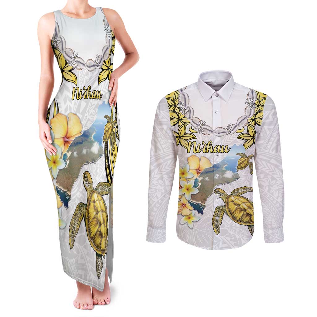 Personalised Aloha Hawaii Niihau Island Couples Matching Tank Maxi Dress and Long Sleeve Button Shirt Forbidden Isle Map Shell Lei