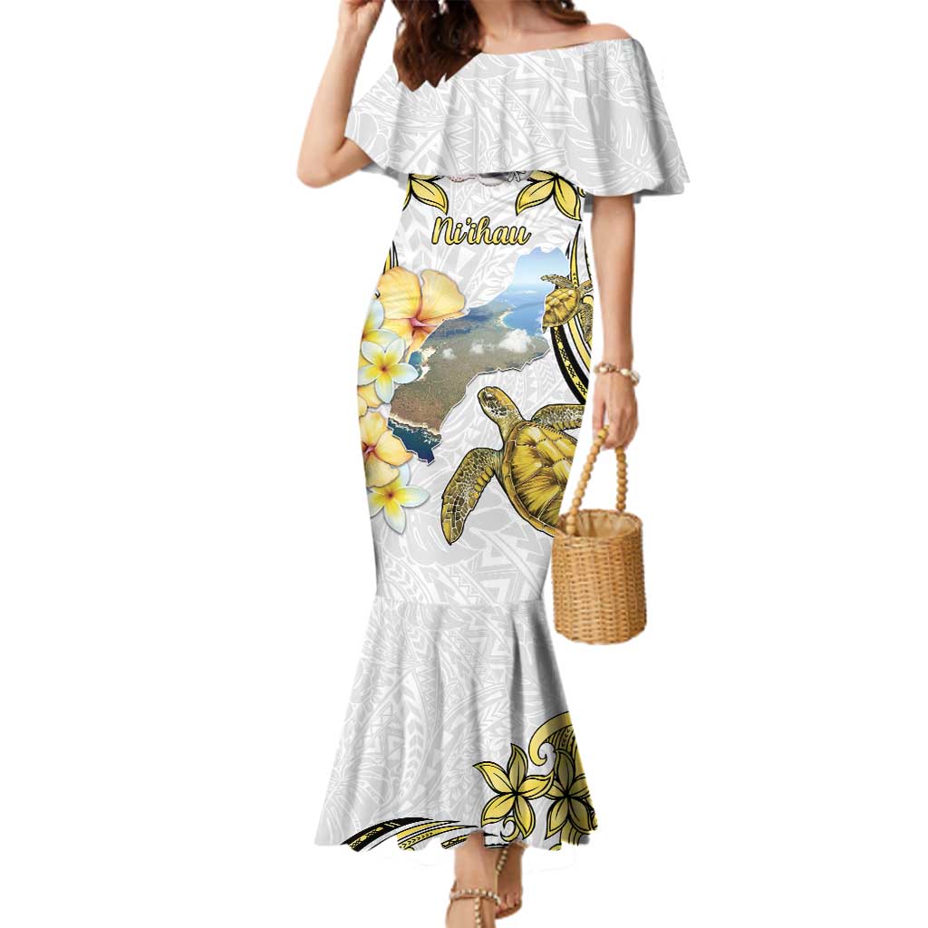 Personalised Aloha Hawaii Niihau Island Family Matching Mermaid Dress and Hawaiian Shirt Forbidden Isle Map Shell Lei