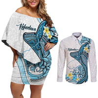 Personalised Aloha Hawaii Kahoolawe Island Couples Matching Off Shoulder Short Dress and Long Sleeve Button Shirt Target Isle Map With Humpback Whale