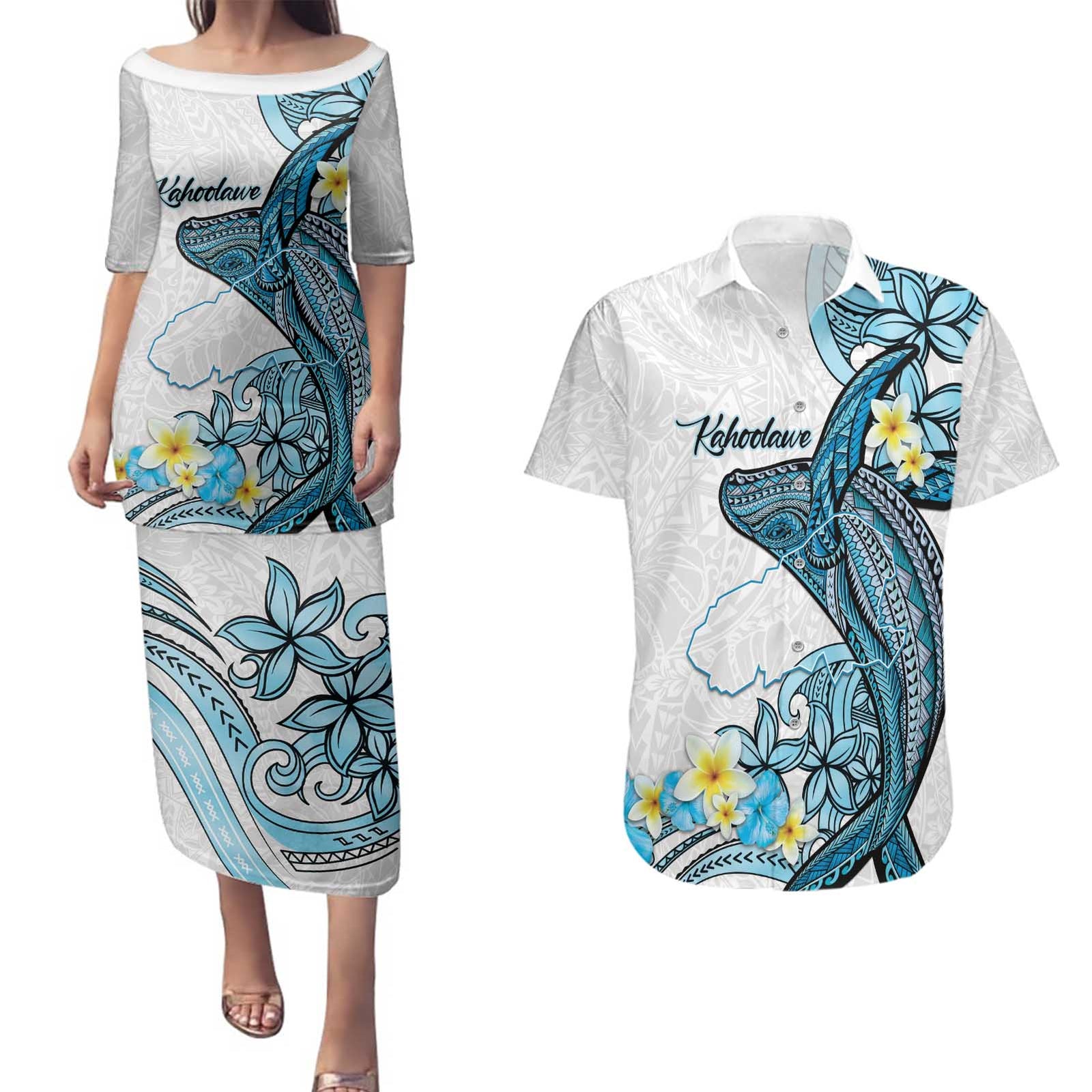 Personalised Aloha Hawaii Kahoolawe Island Couples Matching Puletasi and Hawaiian Shirt Target Isle Map With Humpback Whale