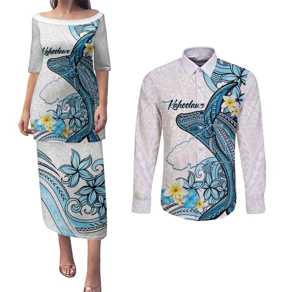 Personalised Aloha Hawaii Kahoolawe Island Couples Matching Puletasi and Long Sleeve Button Shirt Target Isle Map With Humpback Whale
