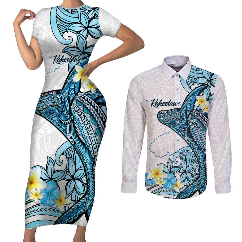 Personalised Aloha Hawaii Kahoolawe Island Couples Matching Short Sleeve Bodycon Dress and Long Sleeve Button Shirt Target Isle Map With Humpback Whale