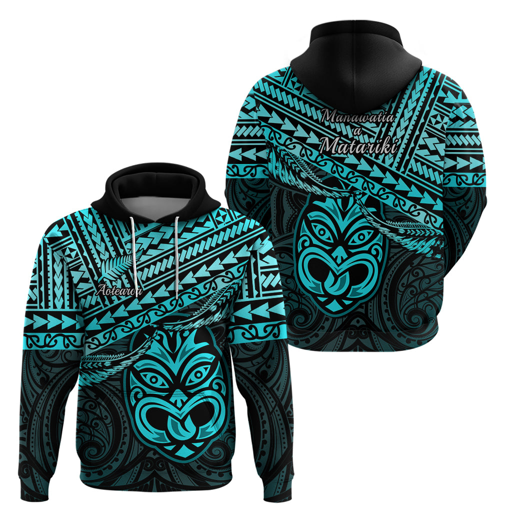 Matariki New Zealand Hoodie Maori New Year Tiki Turquoise Version LT14 - Polynesian Pride