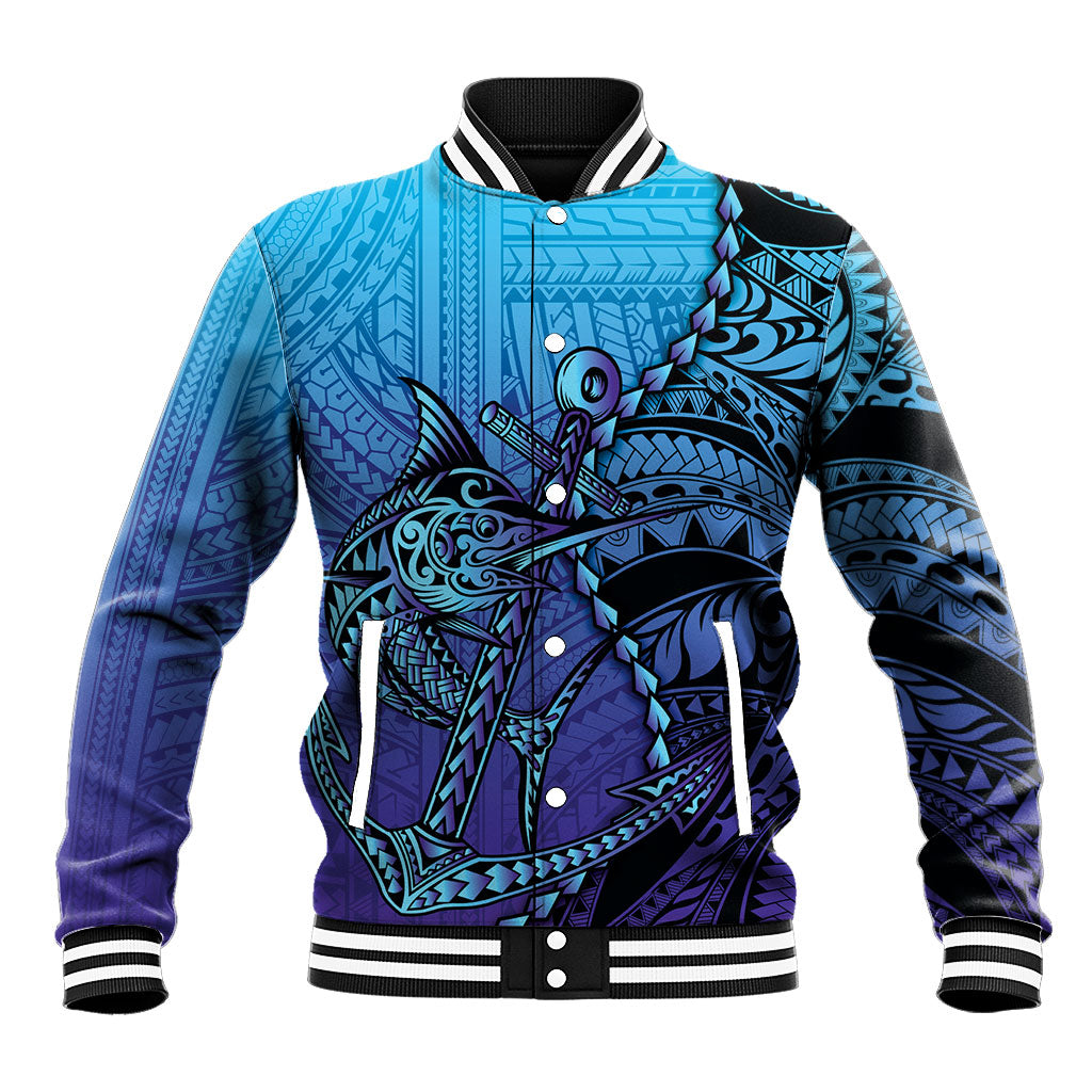 Personalised Polynesia Blue Marlin Fishing Baseball Jacket Marlin Anchor Tattoo Polynesian Pattern