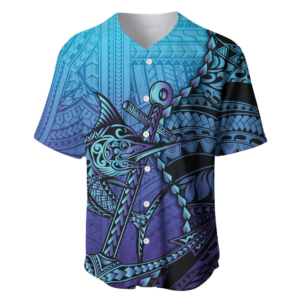 Personalised Polynesia Blue Marlin Fishing Baseball Jersey Marlin Anchor Tattoo Polynesian Pattern