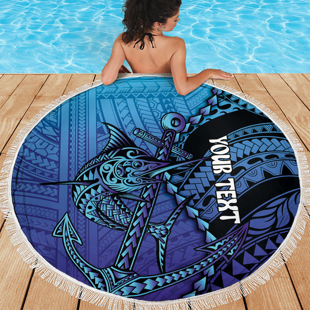Personalised Polynesia Blue Marlin Fishing Beach Blanket Marlin Anchor Tattoo Polynesian Pattern