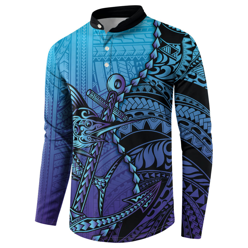 Personalised Polynesia Blue Marlin Fishing Button Sweatshirt Marlin Anchor Tattoo Polynesian Pattern LT14 - Polynesian Pride
