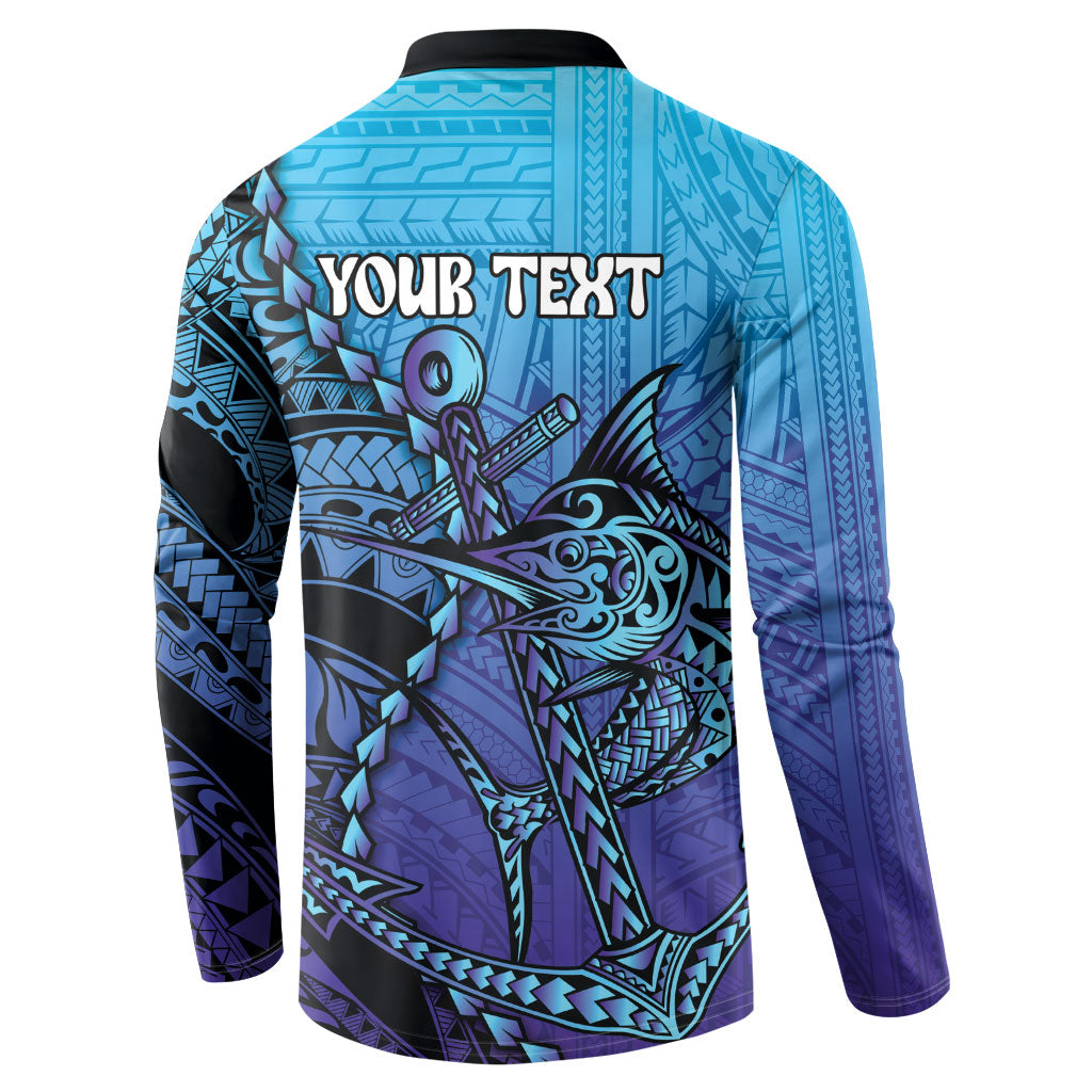 Personalised Polynesia Blue Marlin Fishing Button Sweatshirt Marlin Anchor Tattoo Polynesian Pattern LT14 - Polynesian Pride