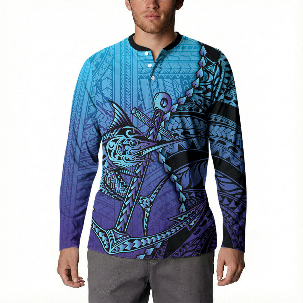 Personalised Polynesia Blue Marlin Fishing Button Sweatshirt Marlin Anchor Tattoo Polynesian Pattern LT14 - Polynesian Pride