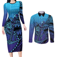 Personalised Polynesia Blue Marlin Fishing Couples Matching Long Sleeve Bodycon Dress and Long Sleeve Button Shirt Marlin Anchor Tattoo Polynesian Pattern LT14 Purple - Polynesian Pride