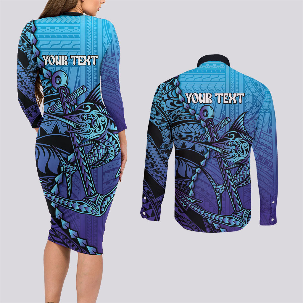 Personalised Polynesia Blue Marlin Fishing Couples Matching Long Sleeve Bodycon Dress and Long Sleeve Button Shirt Marlin Anchor Tattoo Polynesian Pattern LT14 - Polynesian Pride