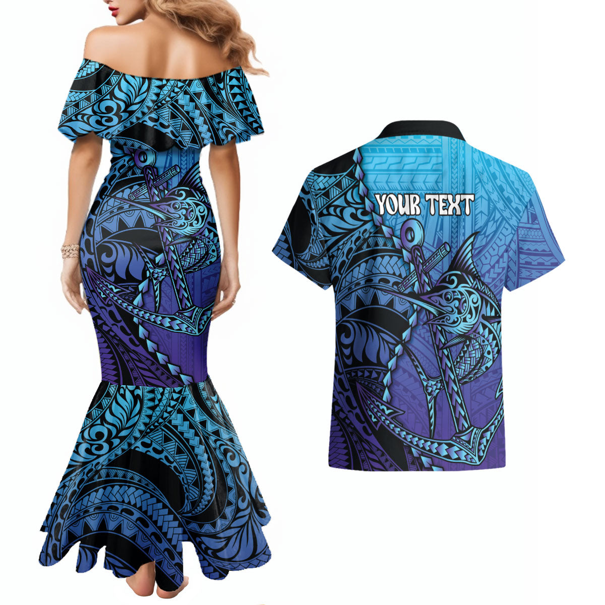 Personalised Polynesia Blue Marlin Fishing Couples Matching Mermaid Dress and Hawaiian Shirt Marlin Anchor Tattoo Polynesian Pattern LT14 - Polynesian Pride