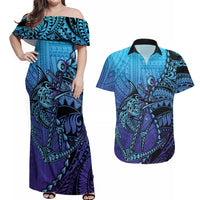 Personalised Polynesia Blue Marlin Fishing Couples Matching Off Shoulder Maxi Dress and Hawaiian Shirt Marlin Anchor Tattoo Polynesian Pattern LT14 Purple - Polynesian Pride