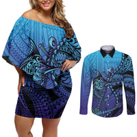 Personalised Polynesia Blue Marlin Fishing Couples Matching Off Shoulder Short Dress and Long Sleeve Button Shirt Marlin Anchor Tattoo Polynesian Pattern