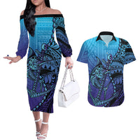 Personalised Polynesia Blue Marlin Fishing Couples Matching Off The Shoulder Long Sleeve Dress and Hawaiian Shirt Marlin Anchor Tattoo Polynesian Pattern LT14 Purple - Polynesian Pride