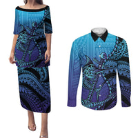 Personalised Polynesia Blue Marlin Fishing Couples Matching Puletasi and Long Sleeve Button Shirt Marlin Anchor Tattoo Polynesian Pattern LT14 Purple - Polynesian Pride