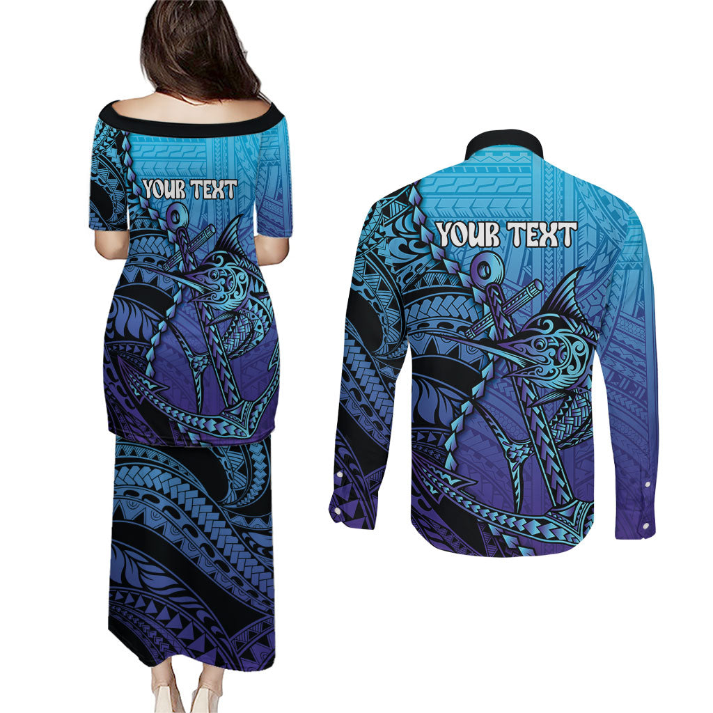 Personalised Polynesia Blue Marlin Fishing Couples Matching Puletasi and Long Sleeve Button Shirt Marlin Anchor Tattoo Polynesian Pattern LT14 - Polynesian Pride