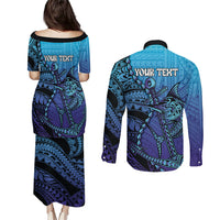 Personalised Polynesia Blue Marlin Fishing Couples Matching Puletasi and Long Sleeve Button Shirt Marlin Anchor Tattoo Polynesian Pattern LT14 - Polynesian Pride