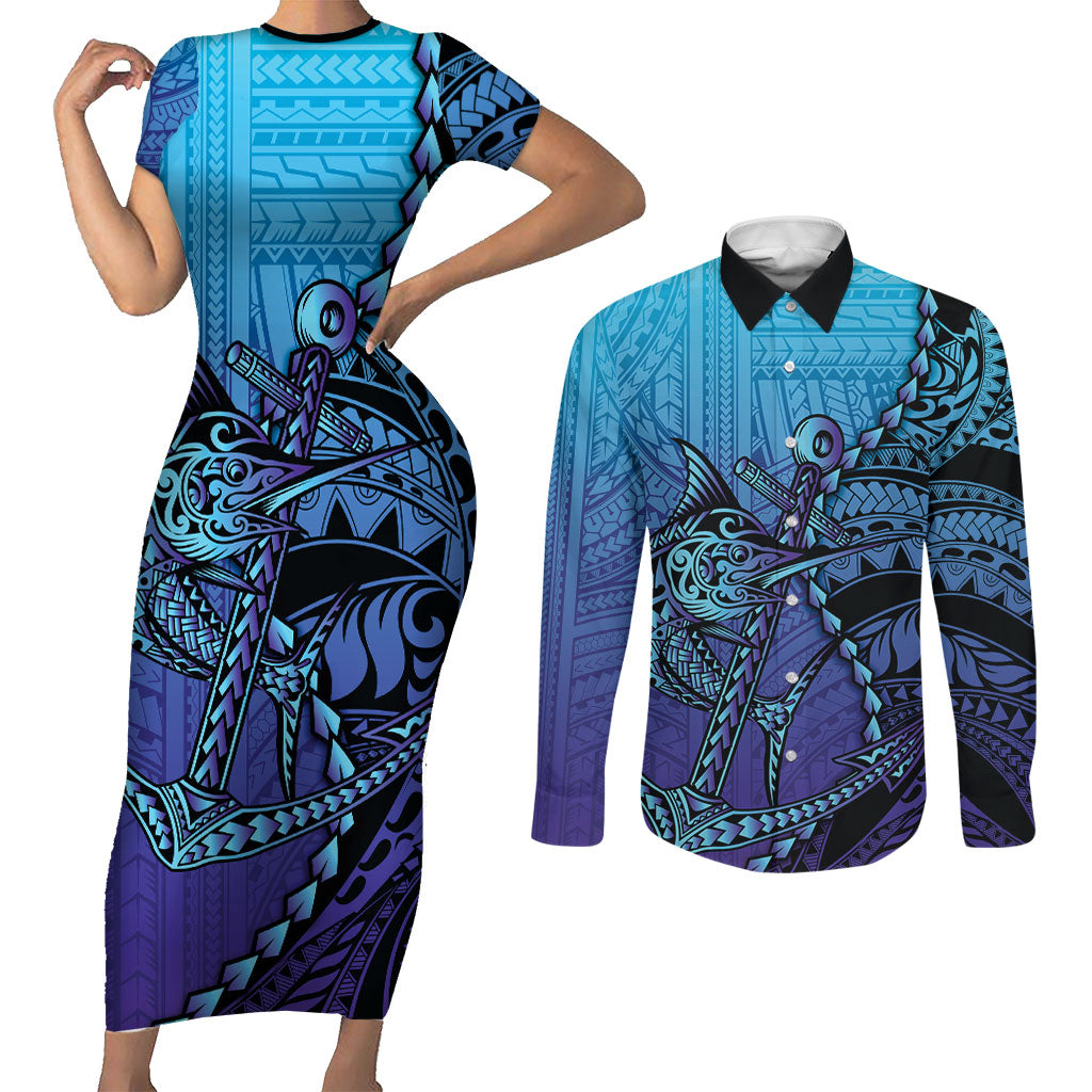 Personalised Polynesia Blue Marlin Fishing Couples Matching Short Sleeve Bodycon Dress and Long Sleeve Button Shirt Marlin Anchor Tattoo Polynesian Pattern LT14 Purple - Polynesian Pride