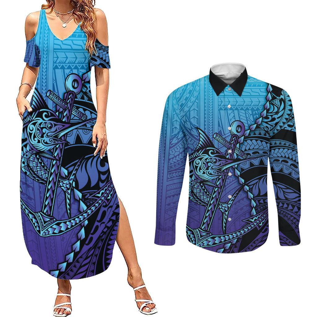 Personalised Polynesia Blue Marlin Fishing Couples Matching Summer Maxi Dress and Long Sleeve Button Shirt Marlin Anchor Tattoo Polynesian Pattern