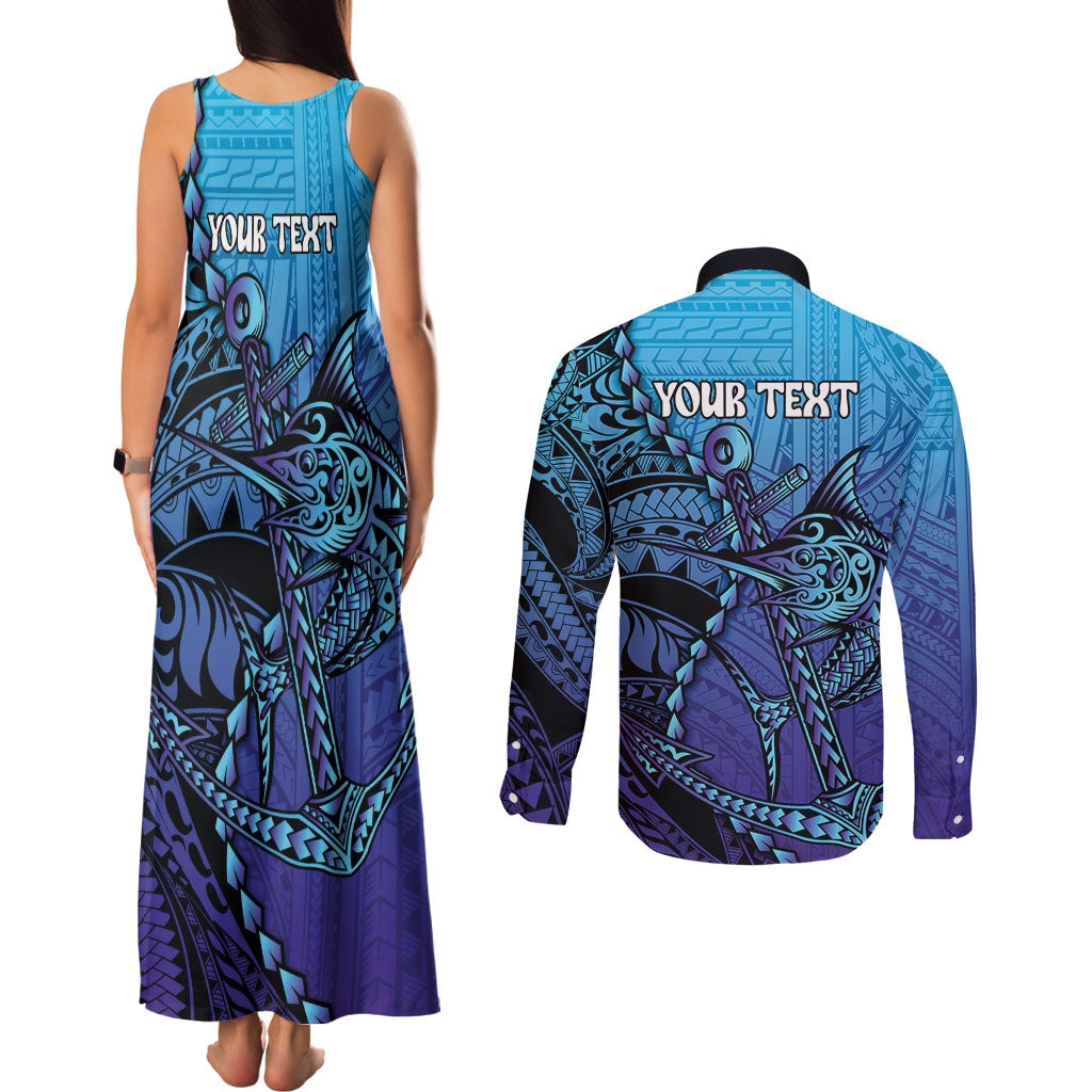 Personalised Polynesia Blue Marlin Fishing Couples Matching Tank Maxi Dress and Long Sleeve Button Shirt Marlin Anchor Tattoo Polynesian Pattern