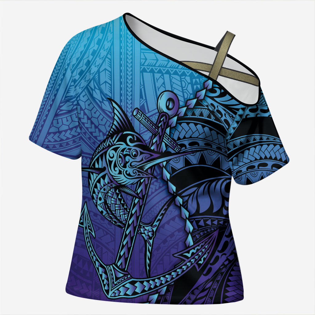 Personalised Polynesia Blue Marlin Fishing Cross Shoulder Shirt Marlin Anchor Tattoo Polynesian Pattern