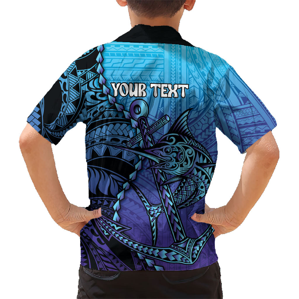 Personalised Polynesia Blue Marlin Fishing Family Matching Long Sleeve Bodycon Dress and Hawaiian Shirt Marlin Anchor Tattoo Polynesian Pattern