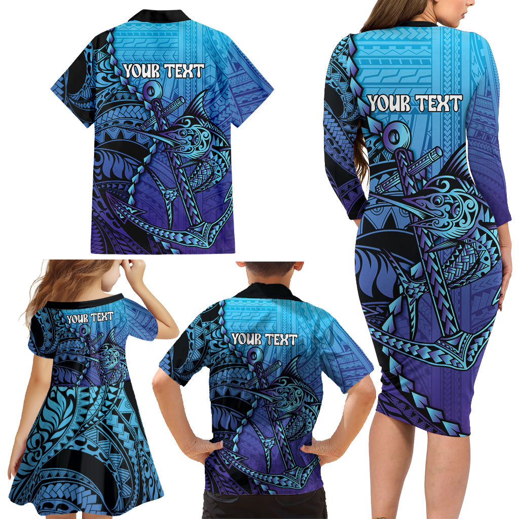 Personalised Polynesia Blue Marlin Fishing Family Matching Long Sleeve Bodycon Dress and Hawaiian Shirt Marlin Anchor Tattoo Polynesian Pattern