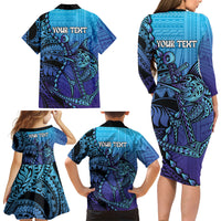 Personalised Polynesia Blue Marlin Fishing Family Matching Long Sleeve Bodycon Dress and Hawaiian Shirt Marlin Anchor Tattoo Polynesian Pattern