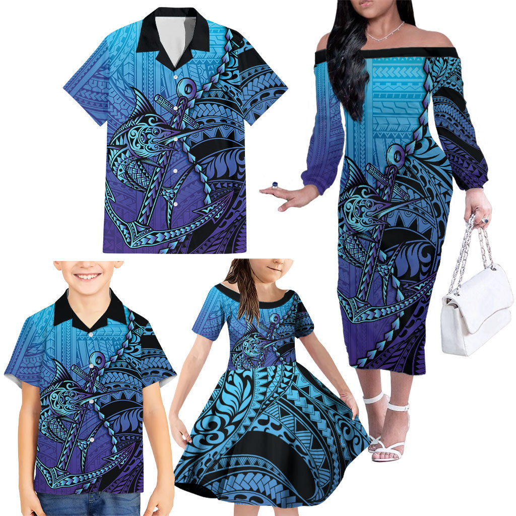 Personalised Polynesia Blue Marlin Fishing Family Matching Off The Shoulder Long Sleeve Dress and Hawaiian Shirt Marlin Anchor Tattoo Polynesian Pattern