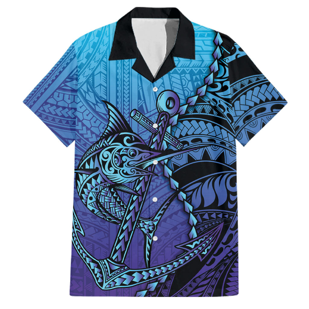 Personalised Polynesia Blue Marlin Fishing Family Matching Off The Shoulder Long Sleeve Dress and Hawaiian Shirt Marlin Anchor Tattoo Polynesian Pattern