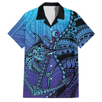 Personalised Polynesia Blue Marlin Fishing Family Matching Off The Shoulder Long Sleeve Dress and Hawaiian Shirt Marlin Anchor Tattoo Polynesian Pattern