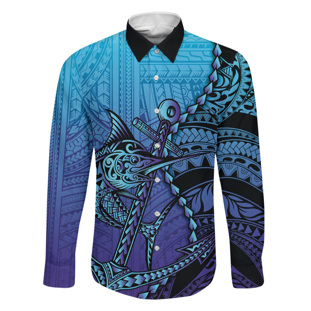 Personalised Polynesia Blue Marlin Fishing Family Matching Off The Shoulder Long Sleeve Dress and Hawaiian Shirt Marlin Anchor Tattoo Polynesian Pattern