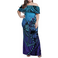 Personalised Polynesia Blue Marlin Fishing Family Matching Off Shoulder Maxi Dress and Hawaiian Shirt Marlin Anchor Tattoo Polynesian Pattern LT14 Mom's Dress Purple - Polynesian Pride